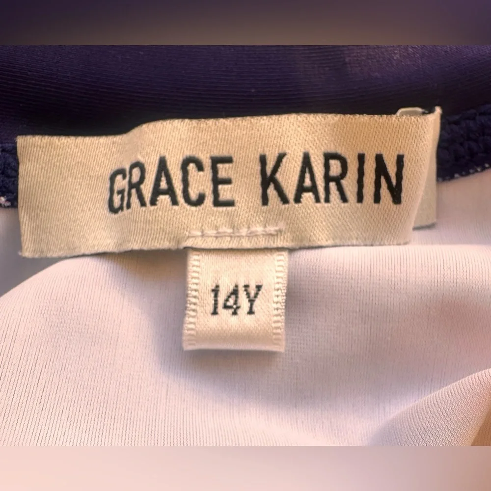 Grace Karin Youth Girls Blue /Pink/White Rash Guard Top Long Sleeve Size 14Y